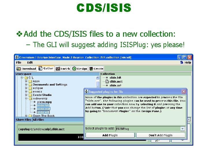 CDS/ISIS v Add the CDS/ISIS files to a new collection: – The GLI will