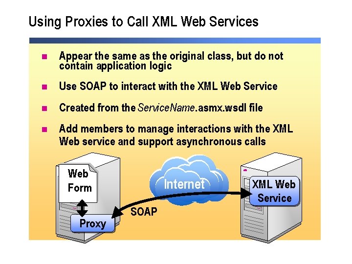 Using Proxies to Call XML Web Services n Appear the same as the original Using Proxies to Call XML Web Services n Appear the same as the original