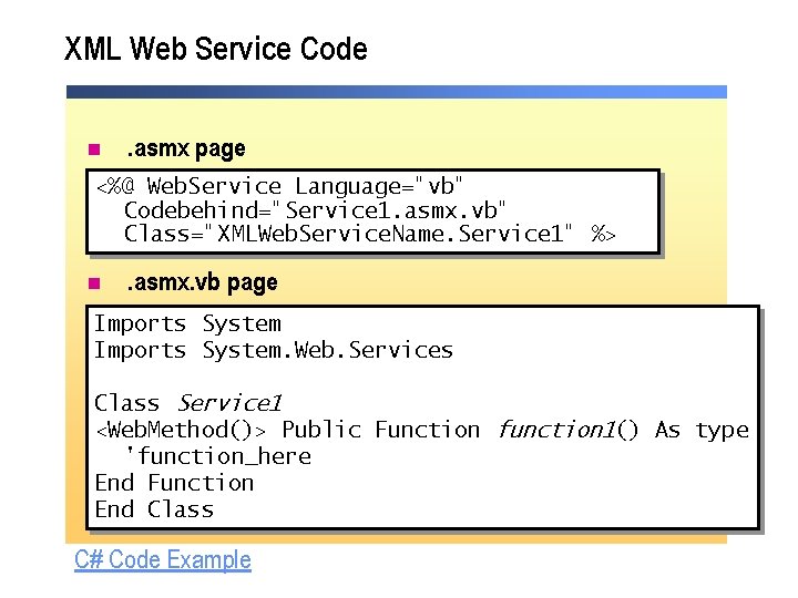 XML Web Service Code n . asmx page <%@ Web. Service Language="vb" Codebehind="Service 1. XML Web Service Code n . asmx page <%@ Web. Service Language="vb" Codebehind="Service 1.