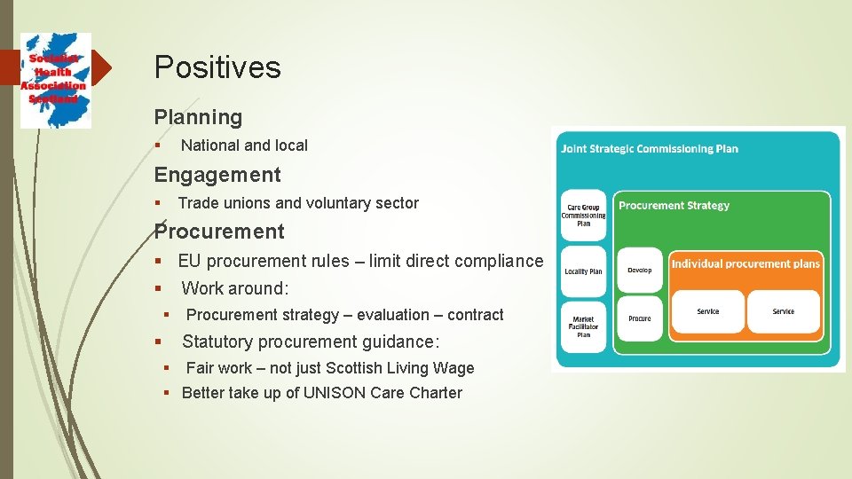 Positives Planning § National and local Engagement § Trade unions and voluntary sector Procurement