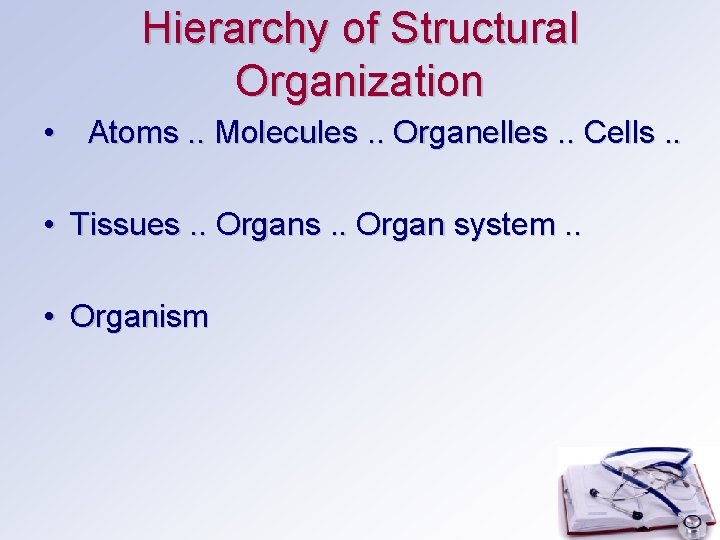 Hierarchy of Structural Organization • Atoms. . Molecules. . Organelles. . Cells. . •