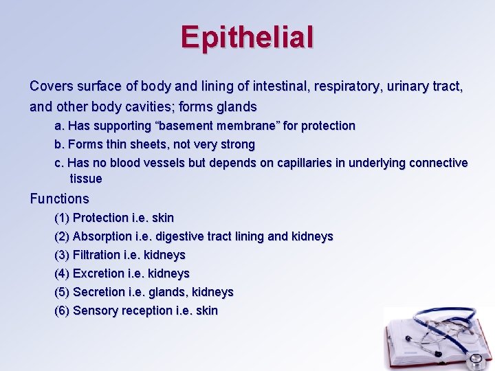 Epithelial Covers surface of body and lining of intestinal, respiratory, urinary tract, and other