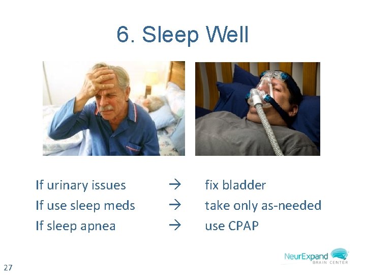 6. Sleep Well If urinary issues If use sleep meds If sleep apnea 27