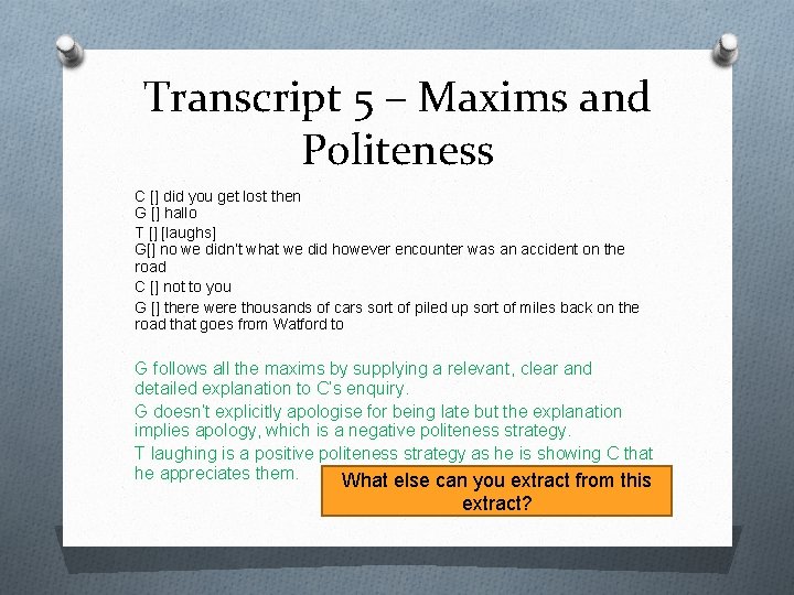 Transcript 5 – Maxims and Politeness C [] did you get lost then G