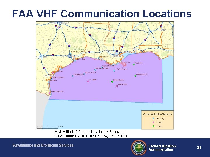 FAA VHF Communication Locations Communication Sensors High Altitude (10 total sites, 4 new, 6