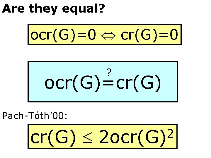 Are they equal? ocr(G)=0 ? ocr(G)=cr(G) Pach-Tóth’ 00: cr(G) 2 2 ocr(G) 