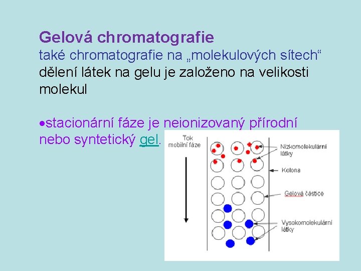 Gelová chromatografie také chromatografie na „molekulových sítech“ dělení látek na gelu je založeno na