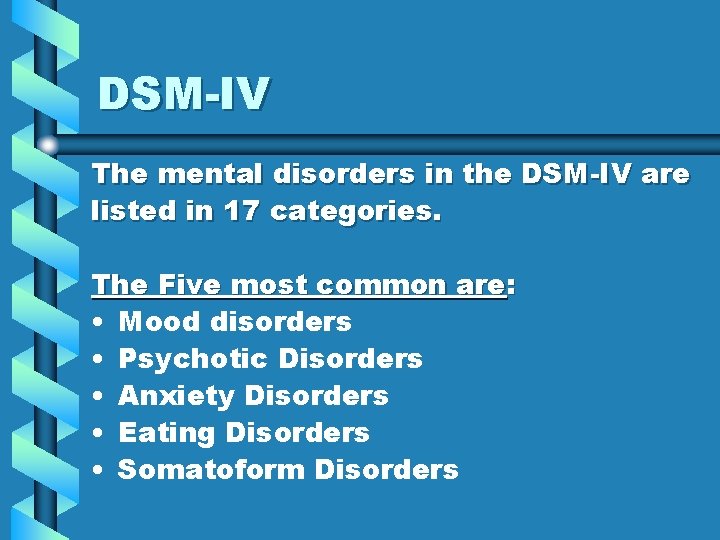 DSM-IV The mental disorders in the DSM-IV are listed in 17 categories. The Five