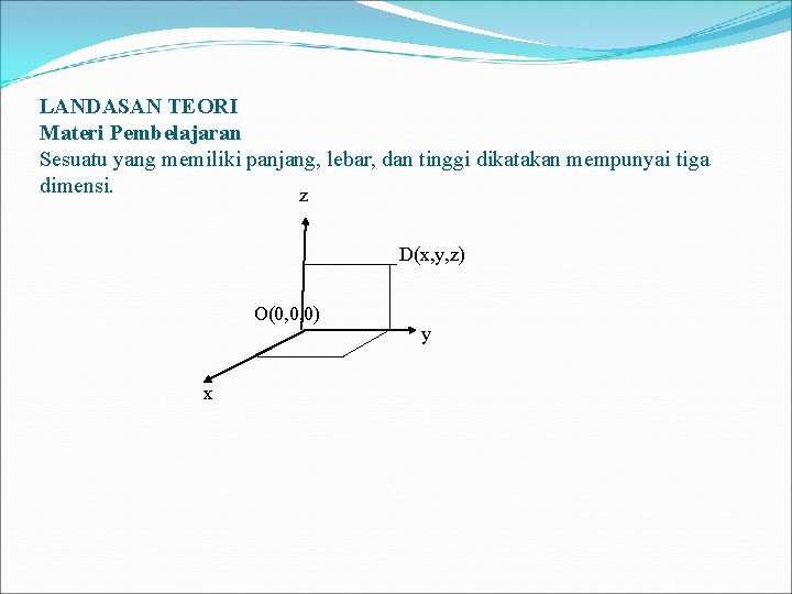 LANDASAN TEORI Materi Pembelajaran Sesuatu yang memiliki panjang, lebar, dan tinggi dikatakan mempunyai tiga