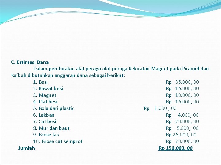 C. Estimasi Dana Dalam pembuatan alat peraga Kekuatan Magnet pada Piramid dan Ka’bah dibutuhkan