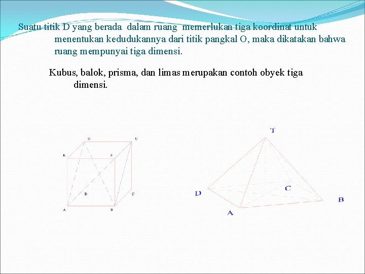 Suatu titik D yang berada dalam ruang memerlukan tiga koordinat untuk menentukan kedudukannya dari