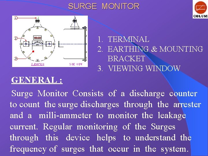 SURGE MONITOR 1. TERMINAL 2. EARTHING & MOUNTING BRACKET 3. VIEWING WINDOW GENERAL :