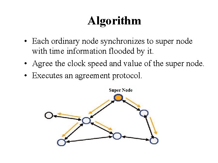 Algorithm • Each ordinary node synchronizes to super node with time information flooded by