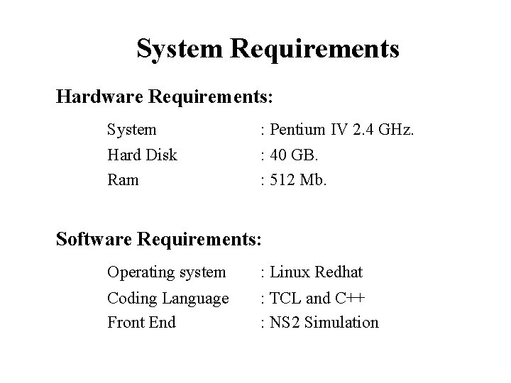 System Requirements Hardware Requirements: System : Pentium IV 2. 4 GHz. Hard Disk Ram