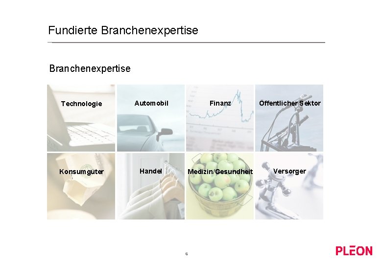 Fundierte Branchenexpertise Technologie Automobil Finanz Öffentlicher Sektor Konsumgüter Handel Medizin/Gesundheit Versorger 6 