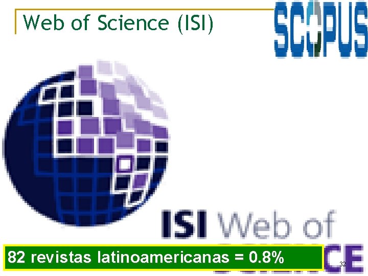 Web of Science (ISI) 82 revistas latinoamericanas = 0. 8% 32 