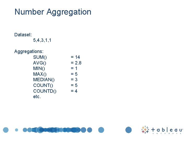Number Aggregation Dataset: 5, 4, 3, 1, 1 Aggregations: SUM() AVG() MIN() MAX() MEDIAN()