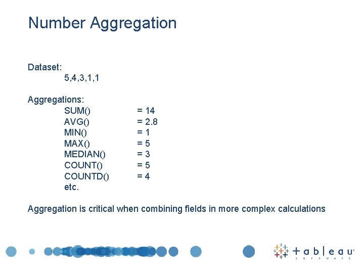 Number Aggregation Dataset: 5, 4, 3, 1, 1 Aggregations: SUM() AVG() MIN() MAX() MEDIAN()
