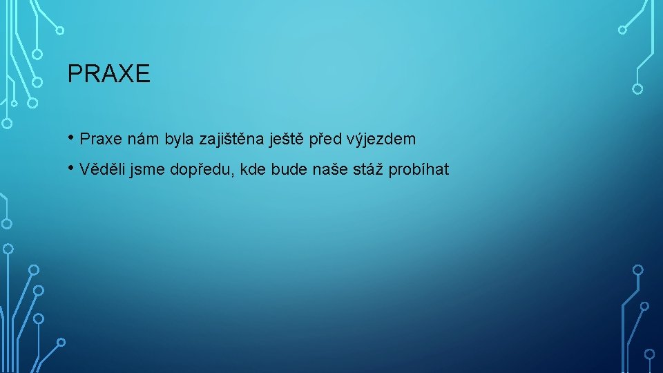 PRAXE • Praxe nám byla zajištěna ještě před výjezdem • Věděli jsme dopředu, kde