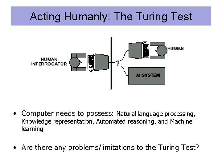 Acting Humanly: The Turing Test • Computer needs to possess: Natural language processing, Knowledge