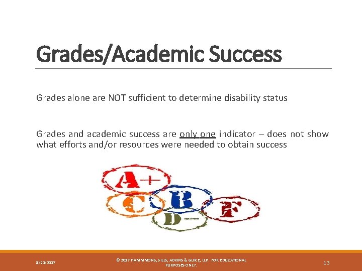 Grades/Academic Success Grades alone are NOT sufficient to determine disability status Grades and academic