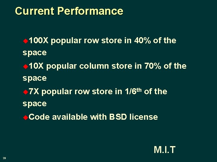Current Performance u 100 X popular row store in 40% of the space u