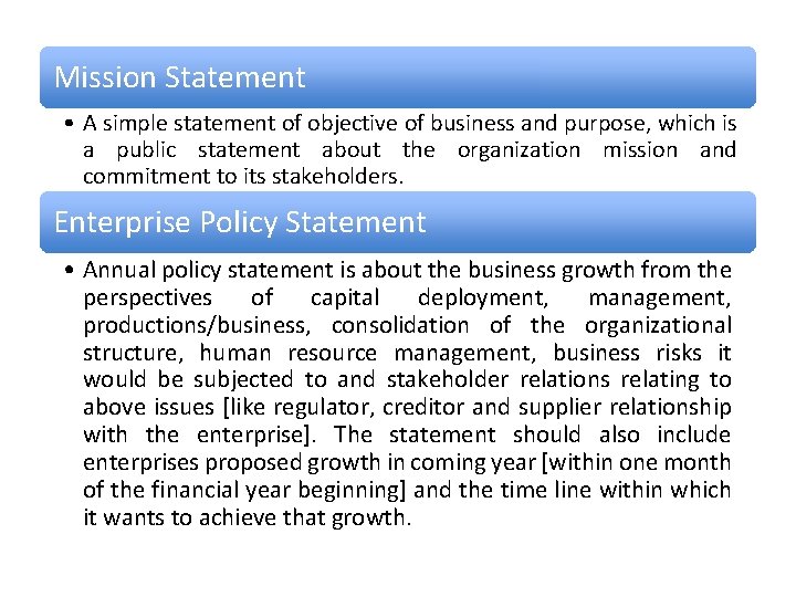 Mission Statement • A simple statement of objective of business and purpose, which is