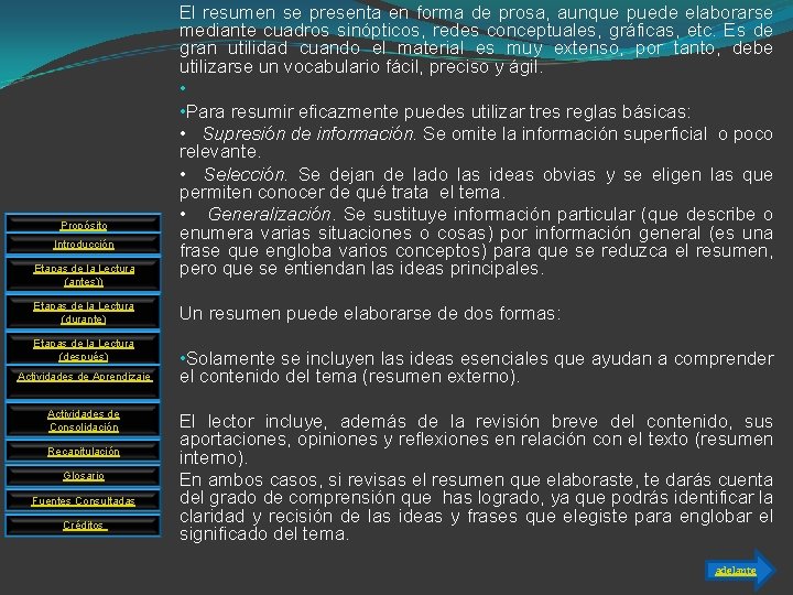 Propósito Introducción Etapas de la Lectura (antes)) Etapas de la Lectura (durante) Etapas de