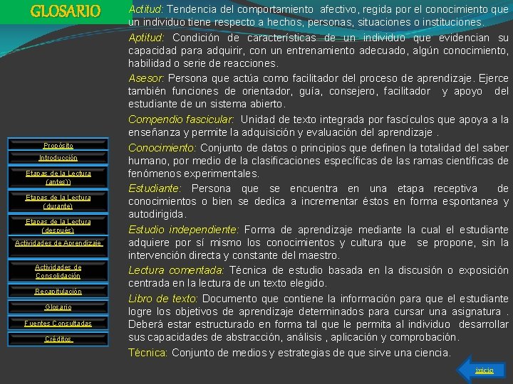 GLOSARIO Propósito Introducción Etapas de la Lectura (antes)) Etapas de la Lectura (durante) Etapas