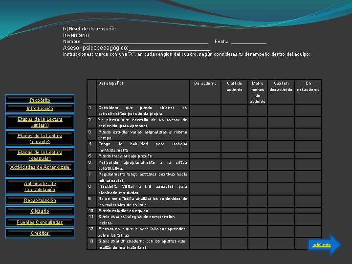 b) Nivel de desempeño Inventario Nombre: _______________________ Fecha: _______ Asesor psicopedagógico: _____________ Instrucciones: Marca