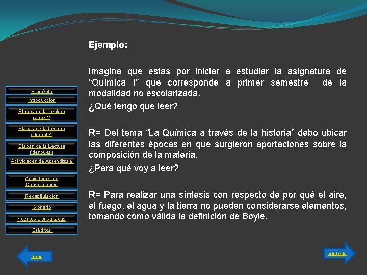 Ejemplo: Propósito Introducción Etapas de la Lectura (antes)) Etapas de la Lectura (durante) Etapas