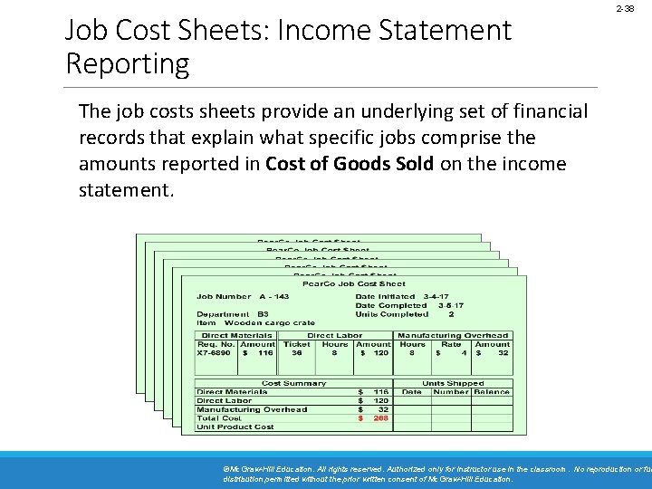 Job Cost Sheets: Income Statement Reporting 2 -38 The job costs sheets provide an