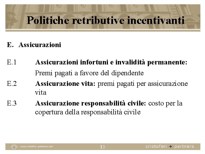 Politiche retributive incentivanti E. Assicurazioni E. 1 E. 2 E. 3 Assicurazioni infortuni e