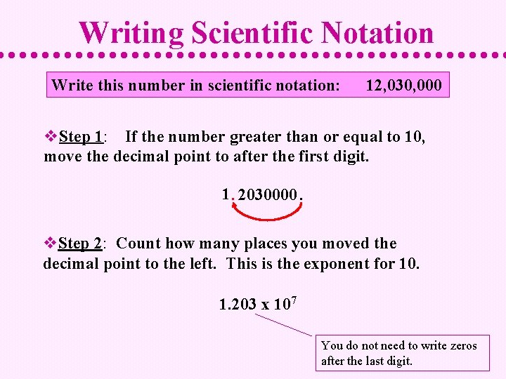 Writing Scientific Notation Write this number in scientific notation: 12, 030, 000 v. Step