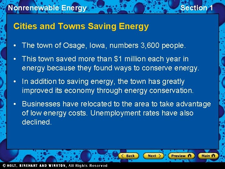 Nonrenewable Energy Section 1 Cities and Towns Saving Energy • The town of Osage,