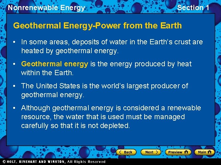 Nonrenewable Energy Section 1 Geothermal Energy-Power from the Earth • In some areas, deposits