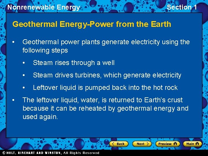 Nonrenewable Energy Section 1 Geothermal Energy-Power from the Earth • • Geothermal power plants