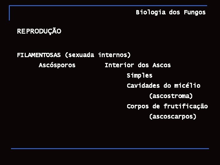 Biologia dos Fungos REPRODUÇÃO FILAMENTOSAS (sexuada internos) Ascósporos Interior dos Ascos Simples Cavidades do