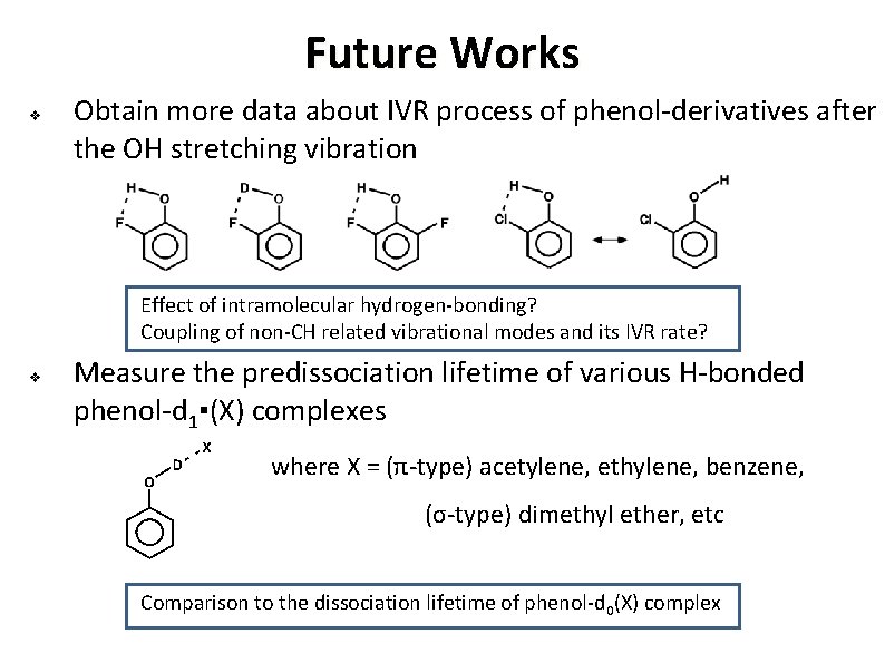Future Works v Obtain more data about IVR process of phenol-derivatives after the OH