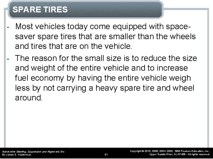 SPARE TIRES • • Most vehicles today come equipped with spacesaver spare tires that