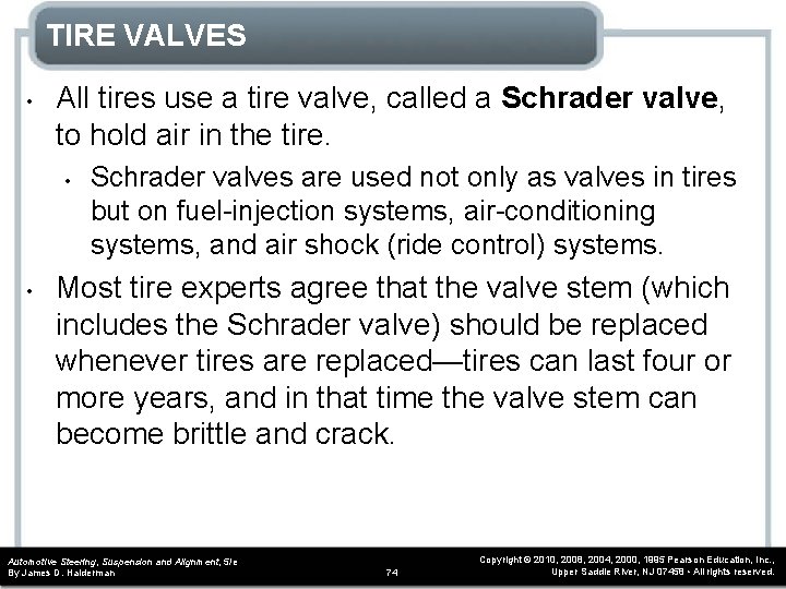 TIRE VALVES • All tires use a tire valve, called a Schrader valve, to