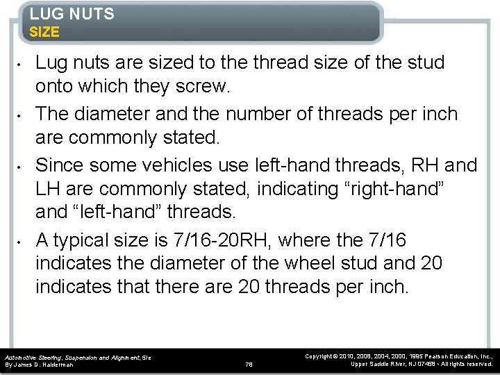 LUG NUTS SIZE • • Lug nuts are sized to the thread size of