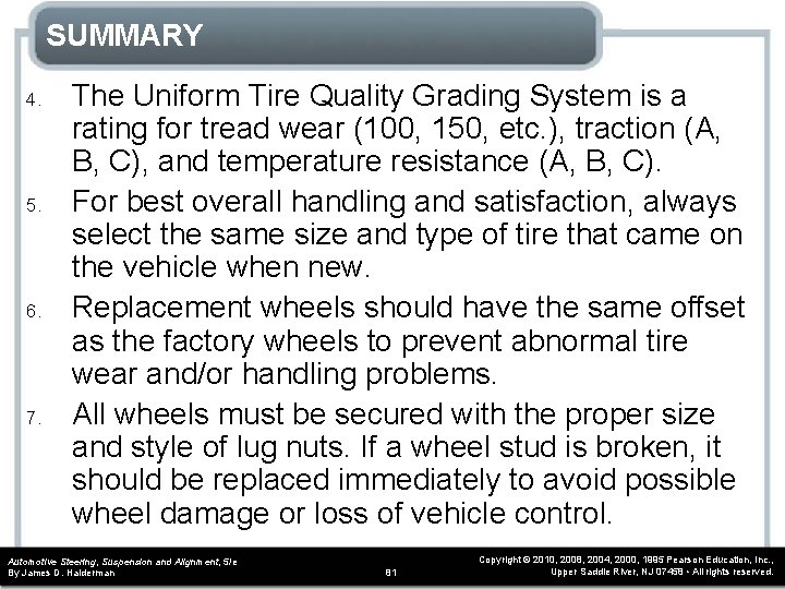 SUMMARY 4. 5. 6. 7. The Uniform Tire Quality Grading System is a rating