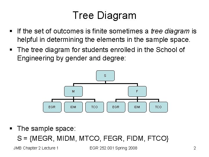 Tree Diagram § If the set of outcomes is finite sometimes a tree diagram