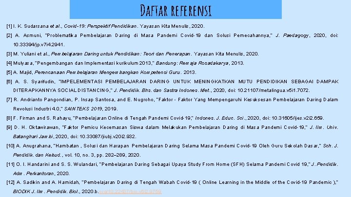 Daftar referensi [1] I. K. Sudarsana et al. , Covid-19: Perspektif Pendidikan. Yayasan Kita