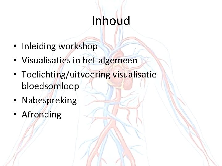 Inhoud • Inleiding workshop • Visualisaties in het algemeen • Toelichting/uitvoering visualisatie bloedsomloop •