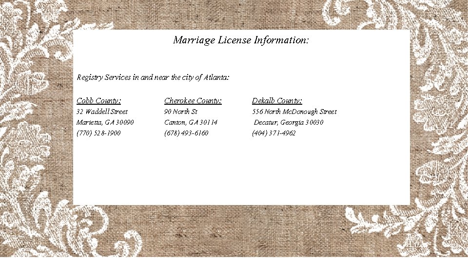 Marriage License Information: Registry Services in and near the city of Atlanta: Cobb County: