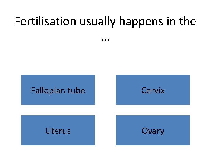 Fertilisation usually happens in the … Fallopian tube Cervix Uterus Ovary 