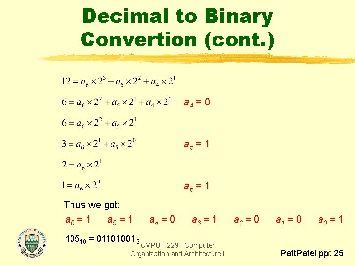 Decimal to Binary Convertion (cont. ) a 4 = 0 a 5 = 1