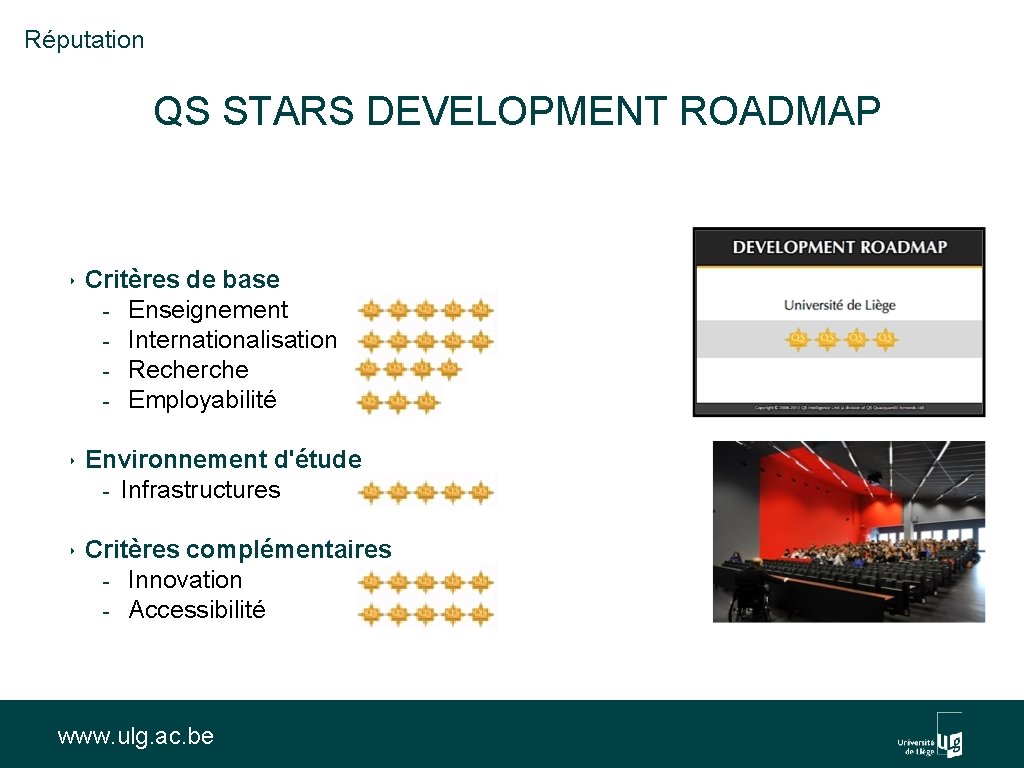 Réputation QS STARS DEVELOPMENT ROADMAP ‣ Critères de base - Enseignement - Internationalisation -